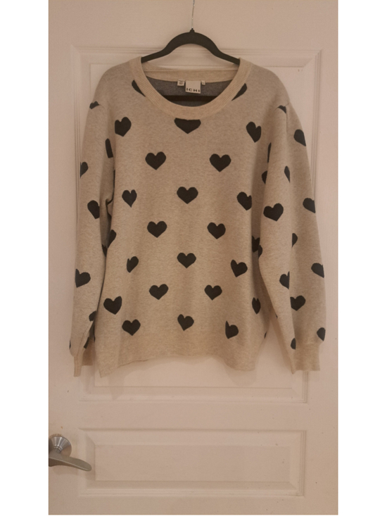 ICHI Sweaters - 792 - Women's ICHI Heart Print Crew Neck Sweater Beige Black XXL